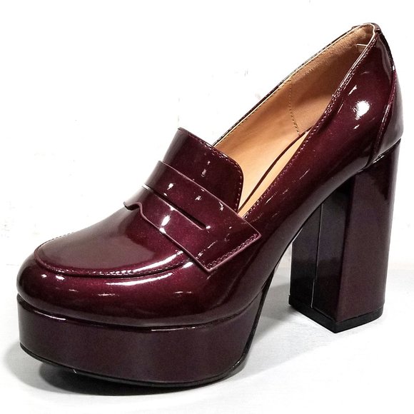 New Burgundy Patent Platform Chunky High Heel Penny Loafers Pumps - Picture 2 of 3